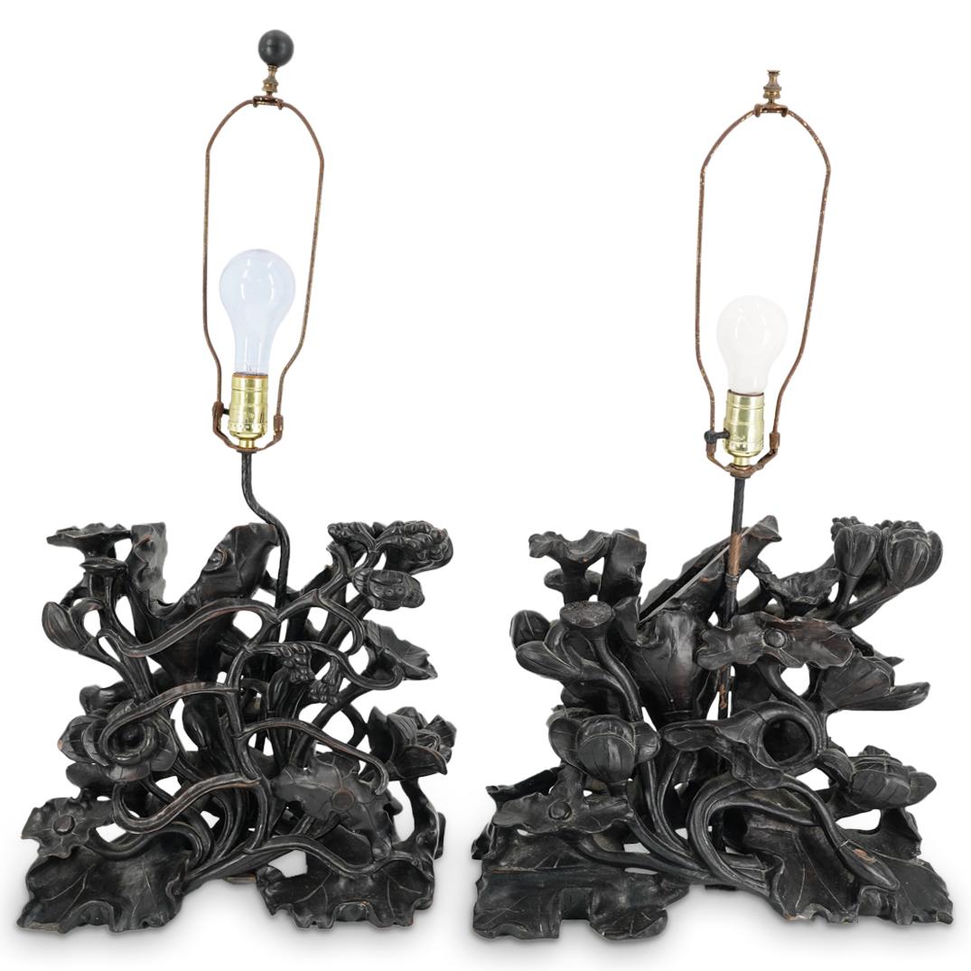 Pair of Antique Chinese Carved Wood Lotus Lamps (1 of 7)