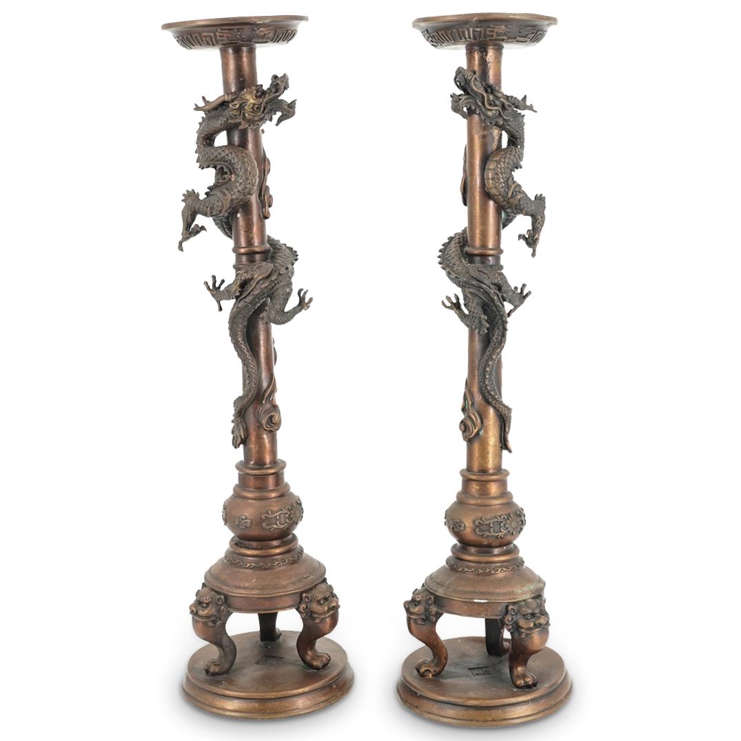 Pair of Antique Japanese Bronze Candlesticks (1 of 10)