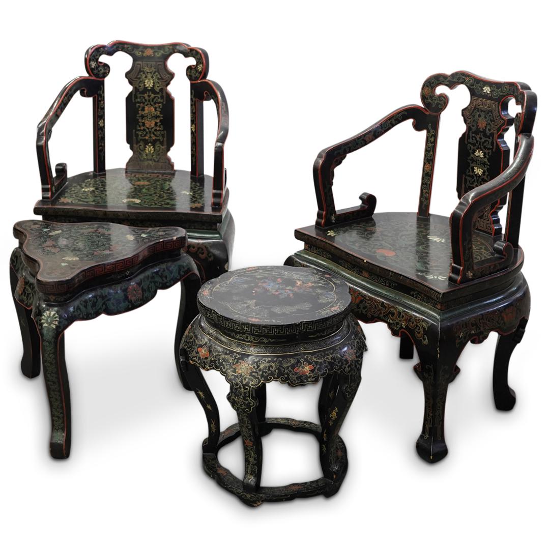 (4Pc) Chinese Lacquered Chair & Side Table Set (1 of 14)