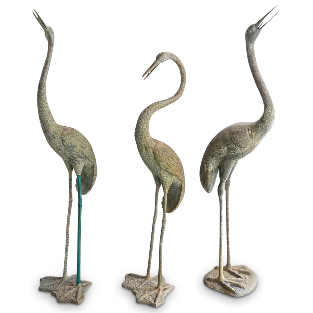 (3Pc) Set of Antique Chinese Bronze Cranes Garden Statues (1 of 9)