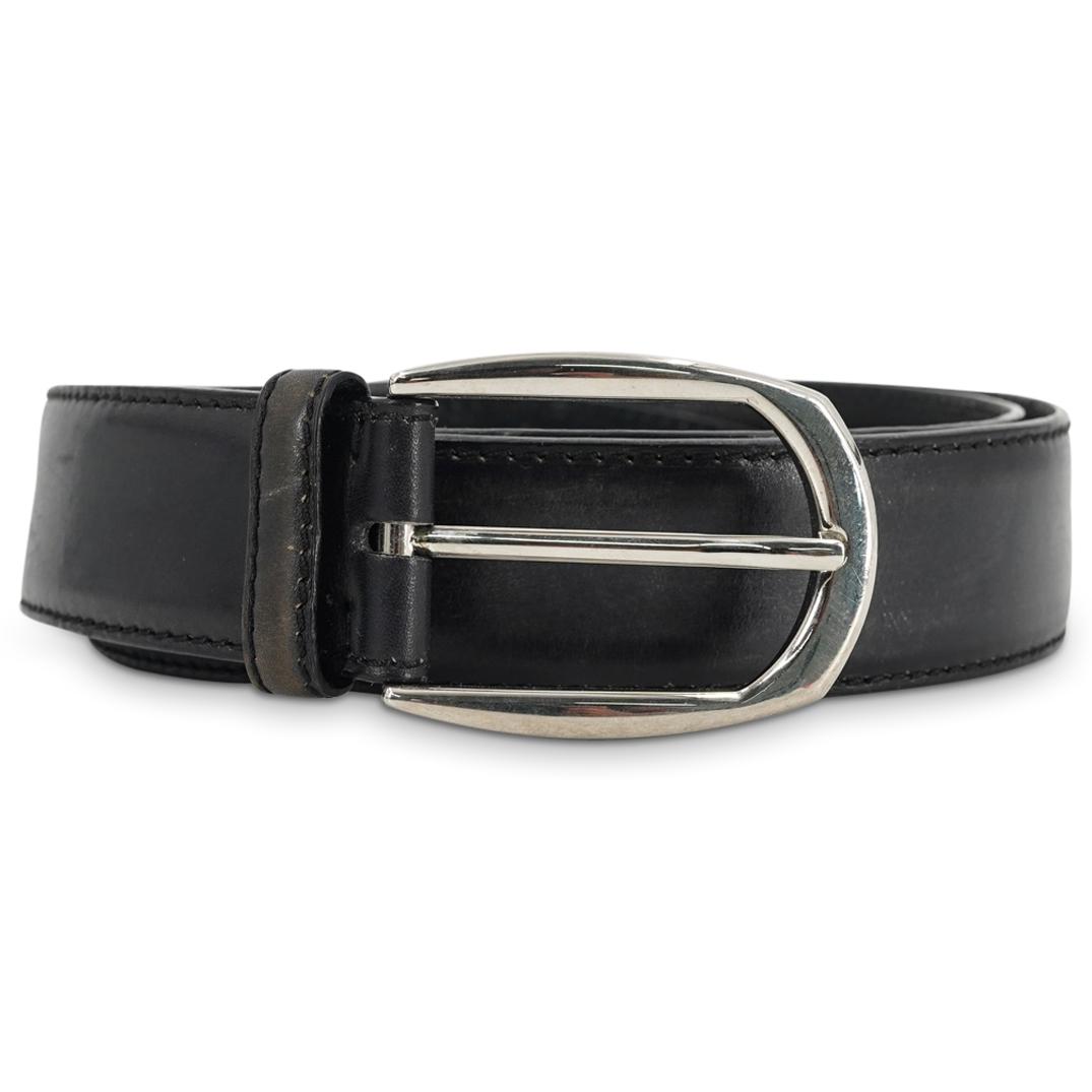 Brioni Black Leather Men's Belt: DESCRIPTION: A Brioni black leather men's belt with silver-tone hardware buckle closure. Marked with Brioni hallmark, "BH06T J 5/F007", and "Handmade in Italy". CIRCA: 20th Century ORIGIN: Italy DIMEN