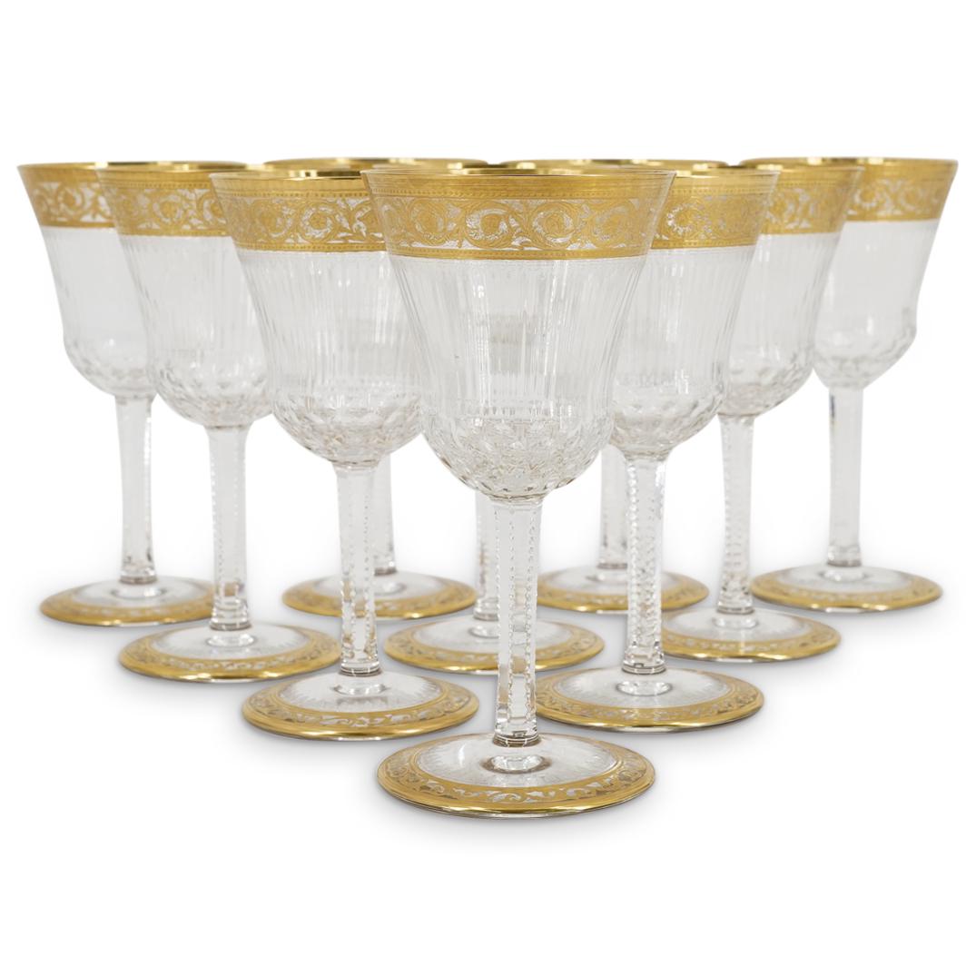 (10 Pc) Antique St. Louis "Thistle" Burgundy Wine Glasses: DESCRIPTION: (10 Pc) An antique St. Louis "Thistle" stemware burgundy wine glasses set. Features a gold encrusted pattern, notched texture, and multi sided stem ribbed bowl, decorated with gilt ornate