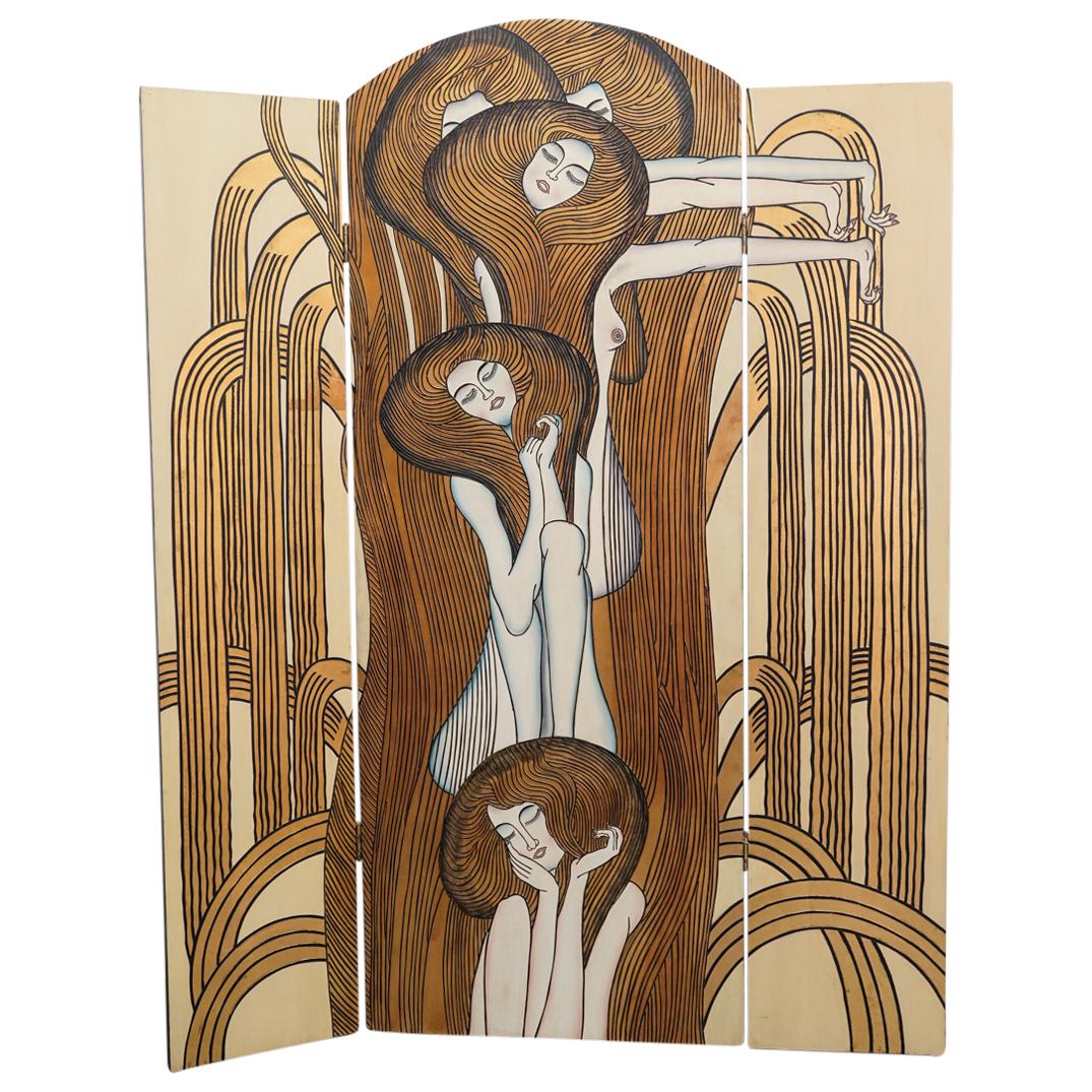 Art Deco Triptych Nude Screen: DESCRIPTION: Triptych screen featuring one image across three panels depicting five nude women with golden hair against gold arches and a beige background. CIRCA: 20th Century ORIGIN: Continental DIME