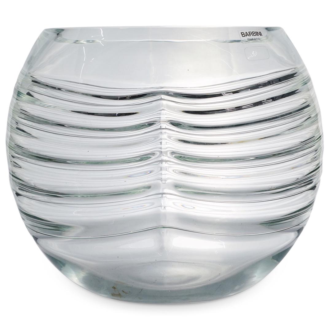Barbini Murano Oggetti Crystal Ribcage Vase: DESCRIPTION: Alfredo Barbini Murano for Oggetti clear crystal vase presenting a dramatic ribbed design. Incised signature lower "Barbini Murano for Oggetti". Sticker near the rim "Barbini Murano". CIR