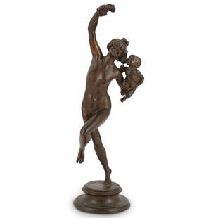 Frederick MacMonnies "Bacchante And Infant" Bronze: DESCRIPTION: Bronze sculpture "Bacchante and Infant Faun" by Frederick William MacMonnies depicting a dancing maenad holding a grape bunch in her right hand and cradling an infant in the crook of her