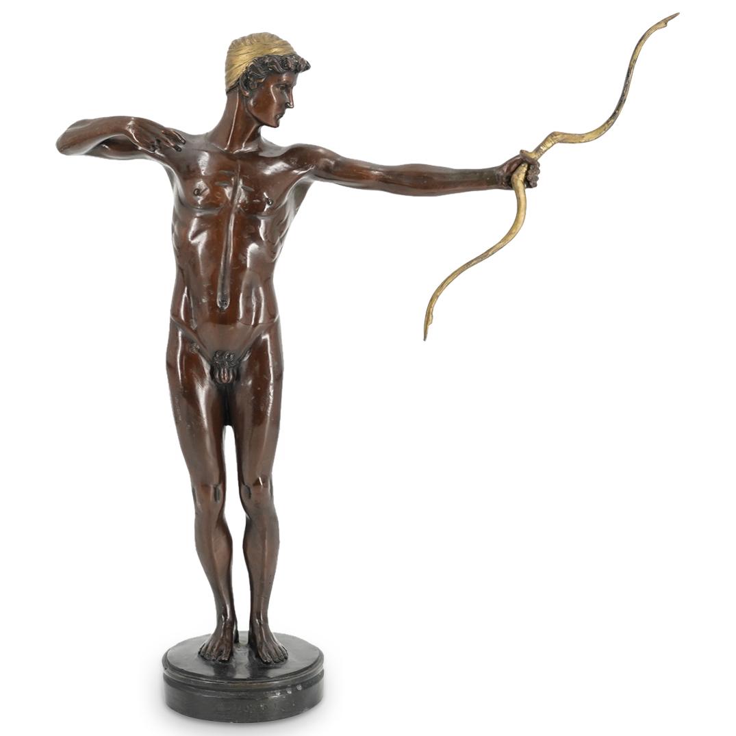 After Auguste Moreau (French, 1834-1917) Figural Bronze Archer: DESCRIPTION: After Auguste Moreau (French, 1834-1917) Figural bronze statue depicting an archer with nude pose and brown patina. Engraved: "A. Moreau" CIRCA: 20th Century ORIGIN: Continental DIMENSION