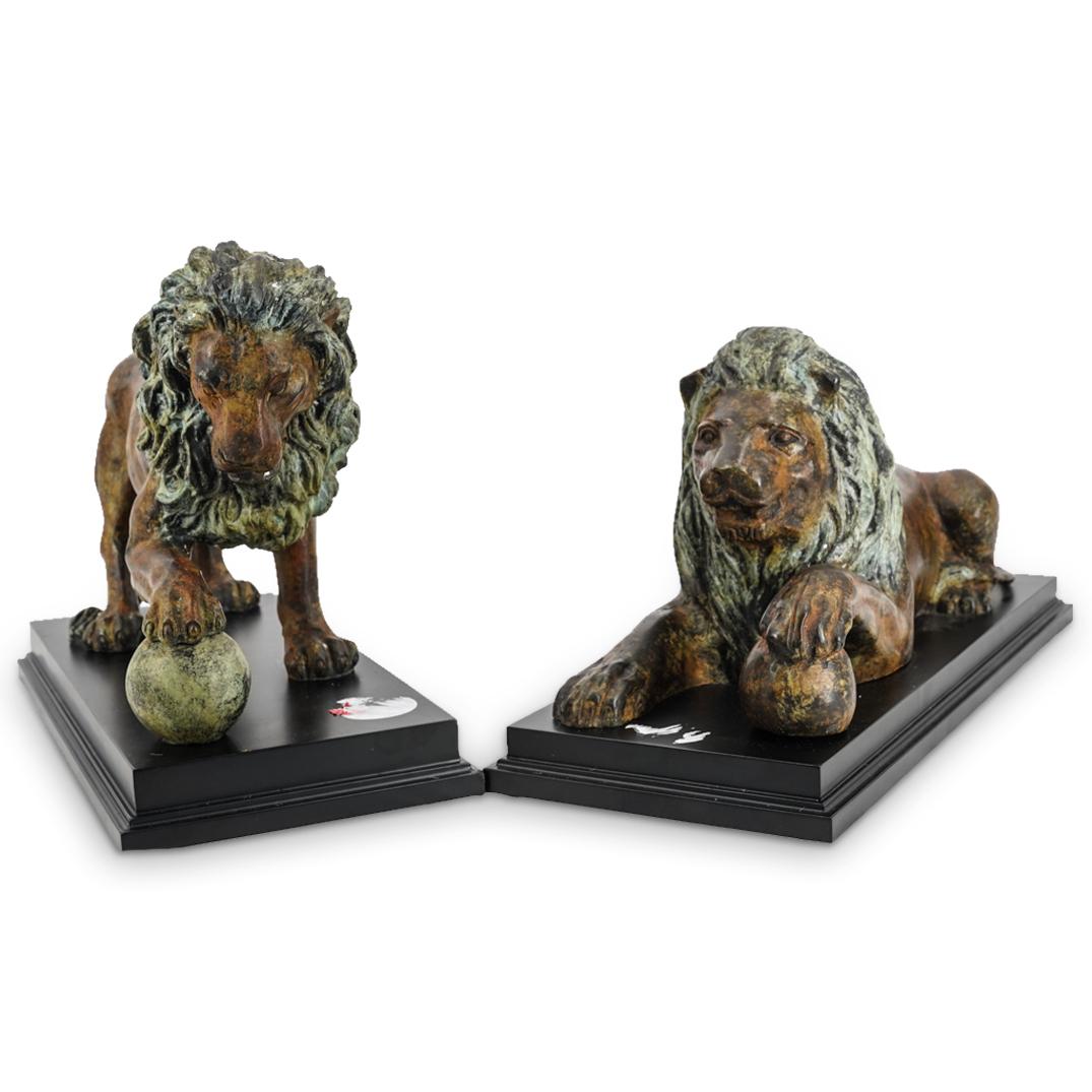 (2 Pc) Patinated Brass Lion Sculptures (1 of 8)