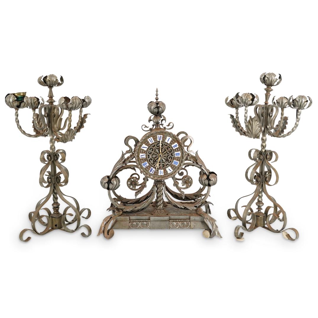 (3Pc) Antique Italian Iron Mantel Clock with Garnitures (1 of 12)