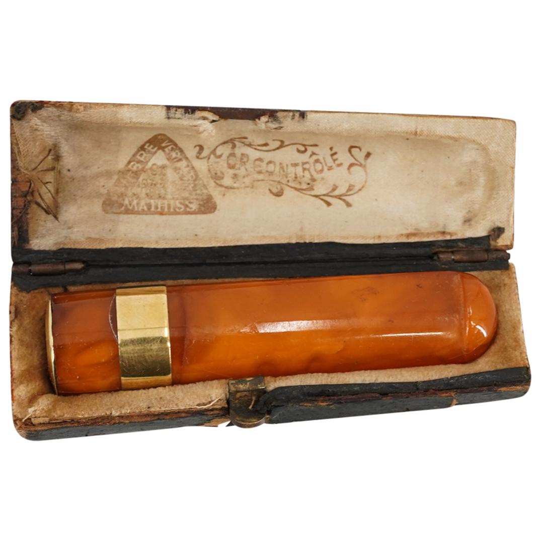 Antique French Mathiss Amber And 18K Gold Pipe Bit In Original Box (1 of 4)