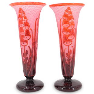 Pair of Schneider "La Verre Francais" Cameo Glass Vases: DESCRIPTION: Pair of antique Schneider "La Verre Francais" glass vases featuring a pink to dark mauve gradient from the upper to lower, cameo cut mushroom depictions around the body, a flared mouth,