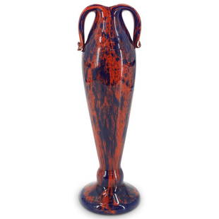 Antique Tall Schneider Glass Vase: DESCRIPTION: Antique Schneider glass vase featuring double pulled handles emerging from the mouth, deep speckled orange and blue tones throughout the round tapered body and a squated round foot.