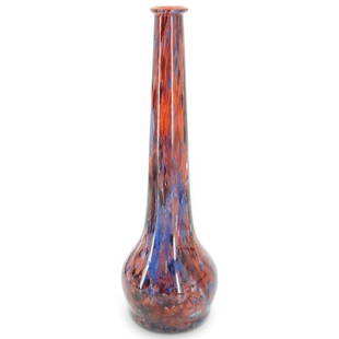 Antique Tall Daum Nancy Glass Vase: DESCRIPTION: Antique tall Daum Nancy glass vase with round base and slender tapered neck, finished in speckled orange and blue tones throughout. Incised signature at the lower body "Daum Nancy" and at