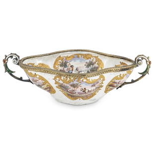 19th Cent. Viennese Austrian Miniature Enamel Silver Centerpiece: DESCRIPTION: A 19th Century Viennese Austrian finest miniature enamel silver with gilt bronze rim cabinet bowl centerpiece decorated with hand-painted scenic pastoral landscape motifs with several