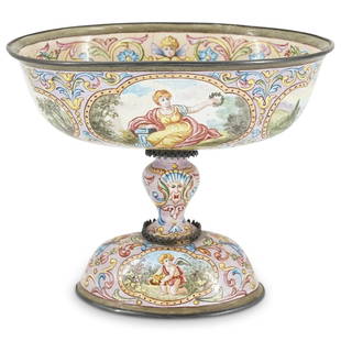 19th Cent. Viennese Austrian Miniature Enamel Silver Footed Compote: DESCRIPTION: A 19th Century Viennese Austrian finest miniature enamel silver footed compote bowl decorated with hand-painted scenic landscape motifs with Neoclassical figures and putti cherubs.