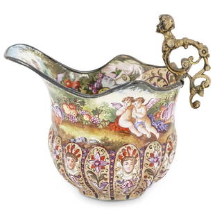 19th Cent. Viennese Austrian Miniature Enamel Jug: DESCRIPTION: A 19th Century Viennese Austrian fine miniature enamel silver pitcher or jug completely enameled, belly with fourteen oval, outwardly curved medallions with floral and figural motifs, in