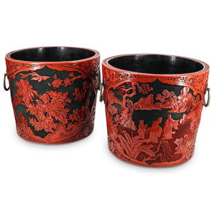 Pair of Fine Chinese Cinnabar Lacquer Planters: DESCRIPTION: A pair of Chinese carved cinnabar lacquer planters one with idyllic scenes of blossoming flowers and soaring birds, the other with figures in landscape with mountainous backdrop. Each