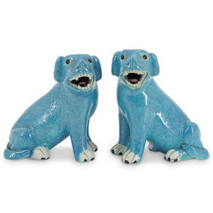 Antique Chinese Export Robins Egg Blue Porcelain Dogs: DESCRIPTION: A pair of antique Chinese export dogs composed of porcelain with robins egg blue enamel and glazed finishes. CIRCA: 19th Cent. Possibly older. ORIGIN: China DIMENSIONS: H: 5.5" x W: 3" x