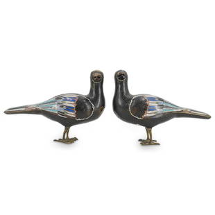 18th Cent. Chinese Cloisonne Birds: DESCRIPTION: A pair of 18th Century Chinese cloisonne birds with black enamel design and vibrant polychrome enamels at wings, tail feathers, underbelly, and top of heads. CIRCA: 18th Century ORIGIN:
