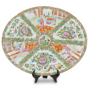 Antique Large Chinese Rose Medallion Oval Platter: DESCRIPTION: Antique large Chinese Rose Medallion oval platter, decorated with a gilt rim, polychrome enameled depictions of flowers alongside birds, foliage, and interior scenes with figures. 