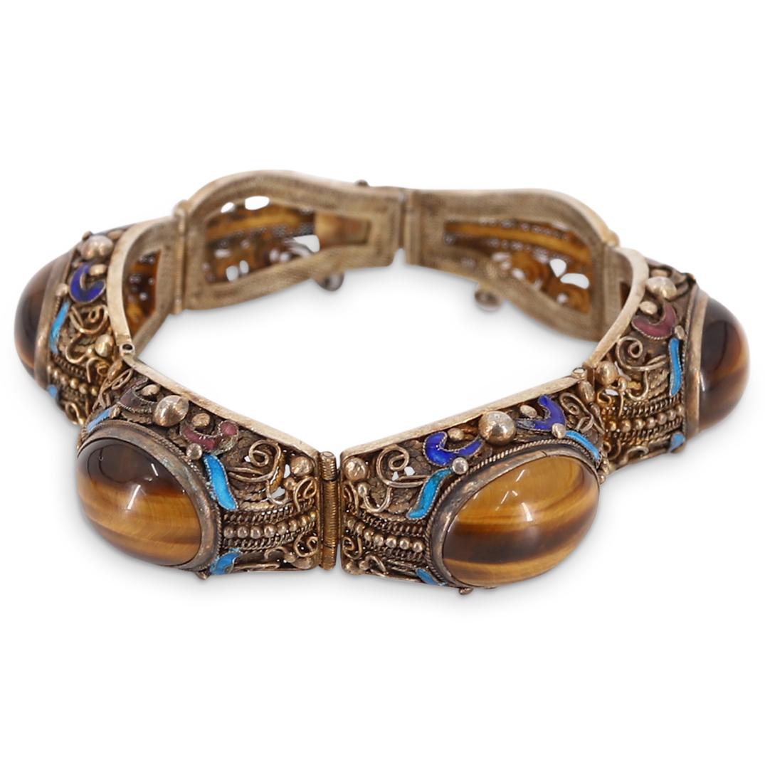 Antique Chinese Sterling & Tigers Eye Reticulated Bracelet (1 of 3)