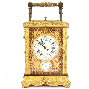 Antique French Aiguilles Gilt bronze Carriage Clock: DESCRIPTION: Antique gilt bronze Aiguilles carriage clock with 8-day time and strike spring driven movement with repeater, having a swing enameled dial with black Roman numerals. Completed with