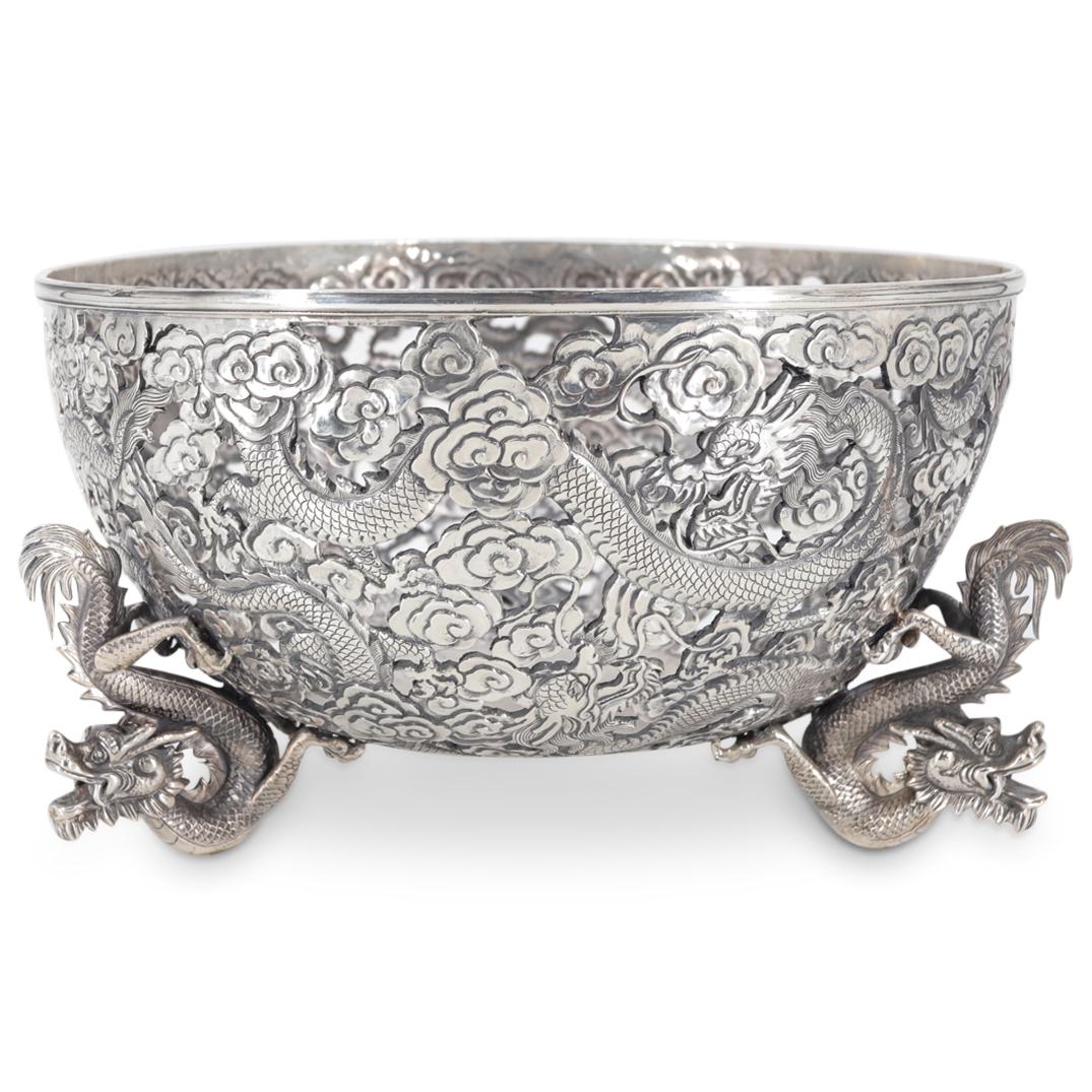 Antique Wang Hing And Co 900 Silver Open Work Dragon Bowl (1 of 10)