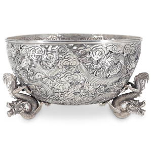 Antique Wang Hing And Co 900 Silver Open Work Dragon Bowl