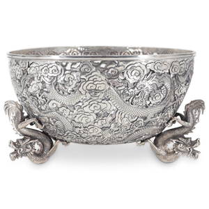 Antique Wang Hing And Co 900 Silver Open Work Dragon Bowl