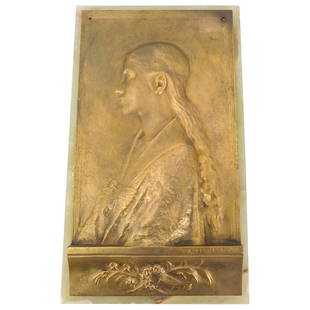 After Agathon Leonard "Sainte Cecile" Bronze Plaque On Hard Stone: DESCRIPTION: Bronze plaque after "Sainte CÃ©cile" by Agathon Leonard depicting Saint Cecile with long hair wearing a gown and crowned with a halo. Plaque is embellished with floral and foliage