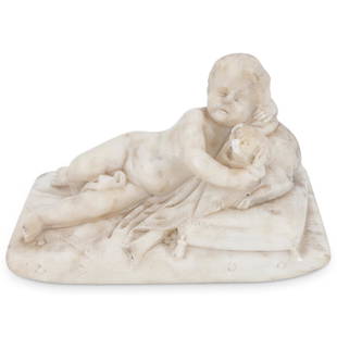 Guglielmo Pugi (1850-1915) Reclining Child Marble Sculpture: DESCRIPTION: Marble sculpture by Guglielmo Pugi depicting a child reclining on a pillow atop a couch with a dog. Piece is incised with signature adjacent to child's right foot. CIRCA: Late 19th to