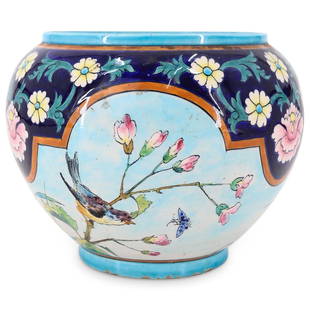 Attrib. Theodore Deck Glazed Pottery Cachepot Planter: DESCRIPTION: An Attributed to Theodore Deck glazed pottery cachepot planter decorated with hand painted motifs depicting a landscape scene with a bird perched on blossoming tree branches and a pair of