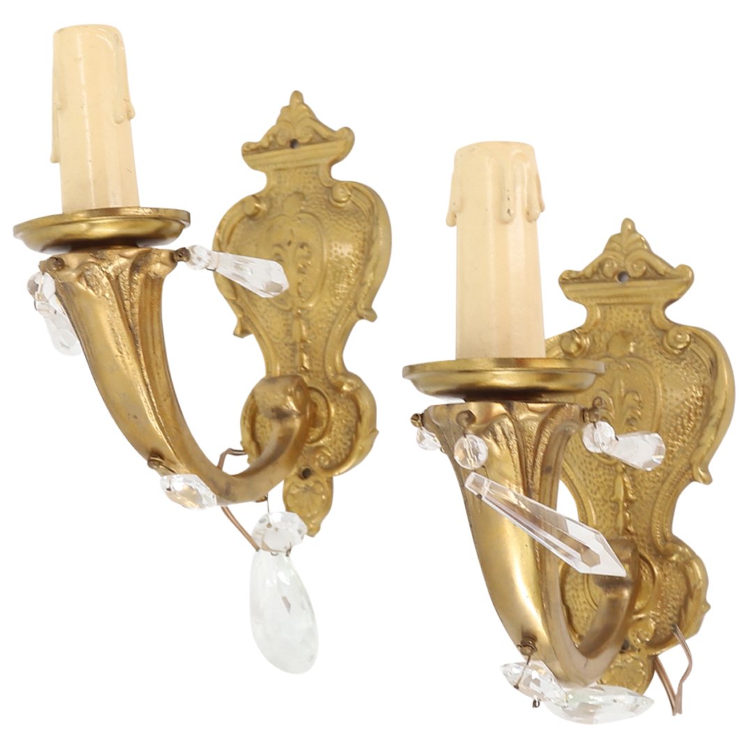 Pair Of Vintage French Bronze Sconces W/ Hanging Crystal Prisms (1 of 5)