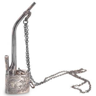 Antique Chinese Sing Fat 900 Silver Water Pipe: DESCRIPTION: Sing Fat water pipe composed of 900 silver featuring an image around its sides depicting a riverside scene. Piece is embellished with a chain necklace and is marked inside lid of containm