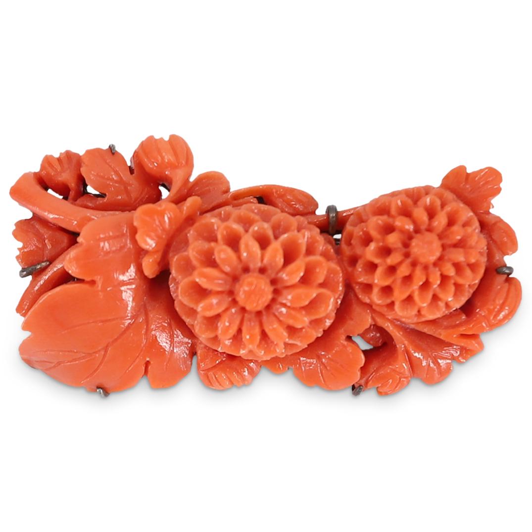 Antique Carved Red Coral Floral Brooch (1 of 4)