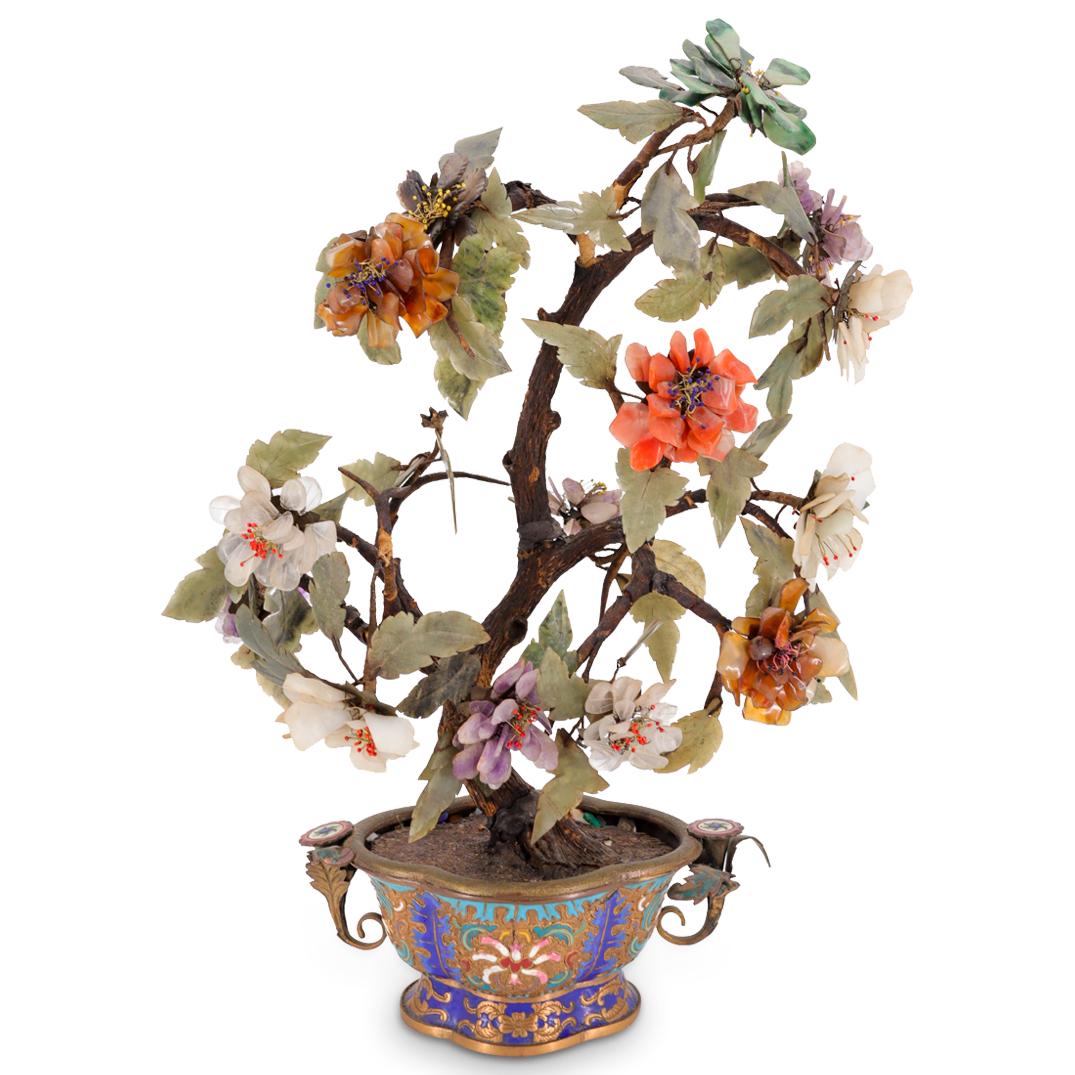 Antique Chinese Jade & Agate Tree In Cloisonne Planter (1 of 5)