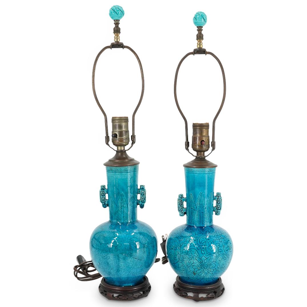 (2Pc) Pair of Antique Chinese Turquoise Porcelain Lamp (1 of 9)