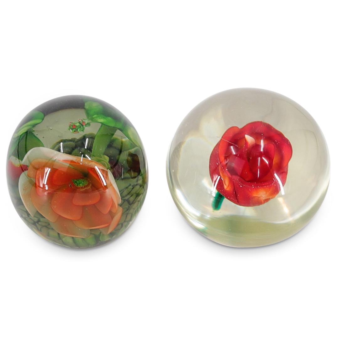 (2 Pc) Large Murano Art Glass Floral Paperweights (1 of 8)