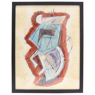 1933 Julio Gonzalez (Spanish, 1876) Abstract Composition Painting: DESCRIPTION: A Julio Gonzalez (Spanish,1876–1942) framed and signed abstract composition painting on paper. Signed "J.G.19.5.33" on the lower left bottom corner. A sculptor and painter, Julio G
