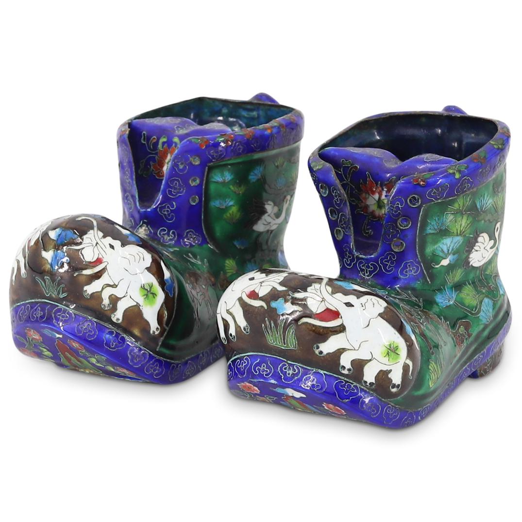 (2 Pc) Oriental Enamel-Decorated Boot-Shaped Small Planters (1 of 6)