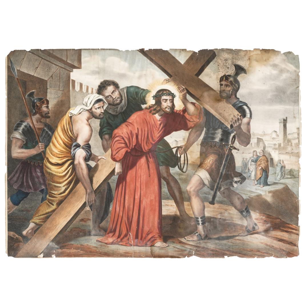 L. Turgis Jesus Carries His Cross Stations Of The Cross Lithograph: DESCRIPTION: Lithograph by L. Turgis depicting a renaissance painting of Jesus Christ taking up His cross. Piece is a part of a series of prints depicting the Stations of the Cross. CIRCA: Early to mi