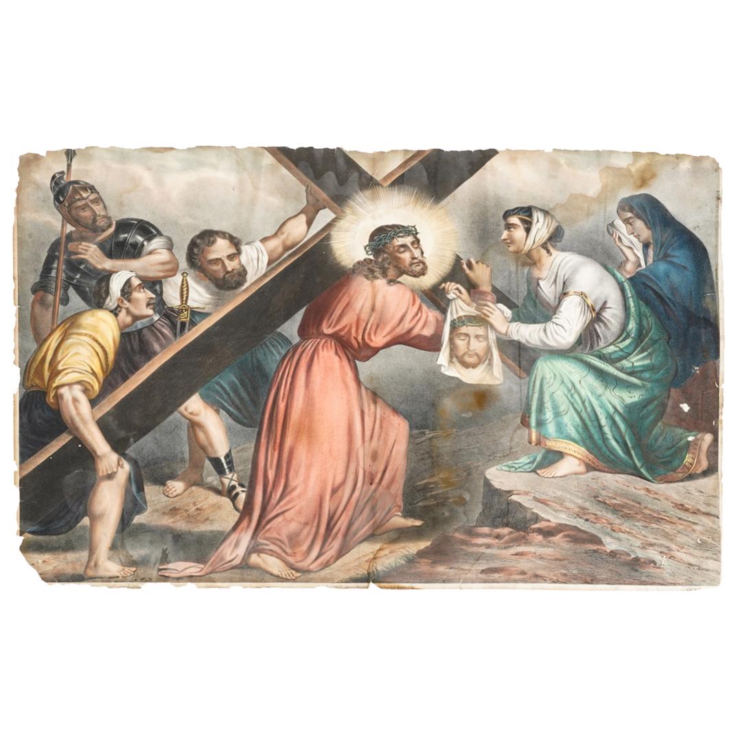 L. Turgis St. Veronica Stations Of The Cross Lithograph: DESCRIPTION: Lithograph by L. Turgis depicting a renaissance painting of St. Veronica wiping Jesus' face on His way to Golgotha. Piece is a part of a series of prints depicting the Stations of the Cro