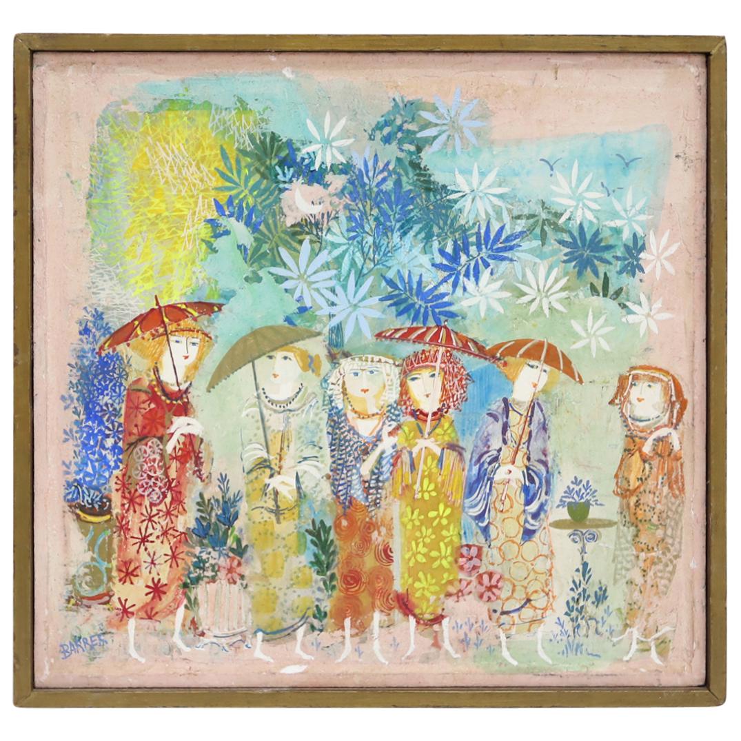 Gertrude Barrer (1921-1992) "Garden Scene" Oil On Board: DESCRIPTION: Oil on board painting entitled "Garden Scene" by Gertrude Barrer depicting six women in a garden at night. Piece is framed in a square wooden frame. CIRCA: 20th Century ORIGIN: USA DIMENS
