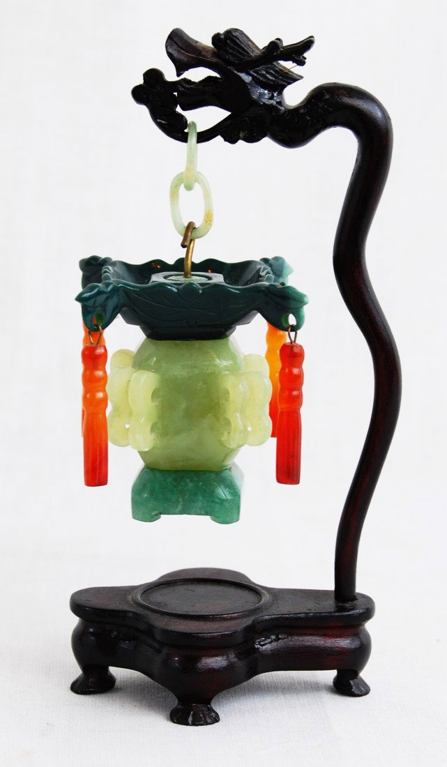 Chinese jade lantern good luck charm: Chinese jade lantern good luck charm with carnelian stones. H:5.5"