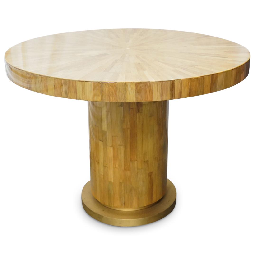 Ron Seff Raffia Wood Marquetry Game Table: DESCRIPTION: Ron Seff Raffia wood marquetry game table in sunburst pattern with brushed brass plinth and round form. CIRCA: 1970s ORIGIN: USA DIMENSIONS: H: 29.5" x D: 40" Have a similar item to sell?