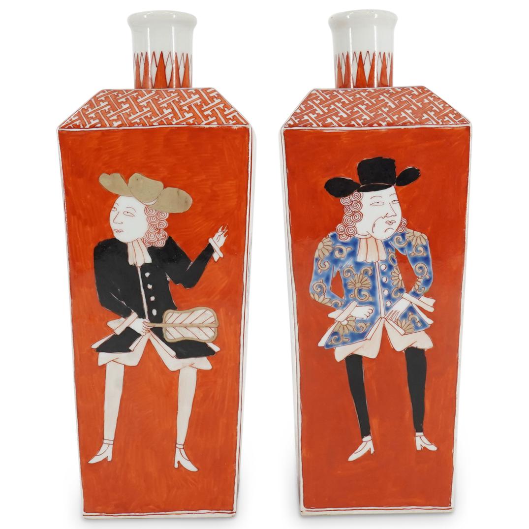 (2Pc) Pair of Antique Japanese Blackship Nanban Porcelain Saki Bottles (1 of 6)