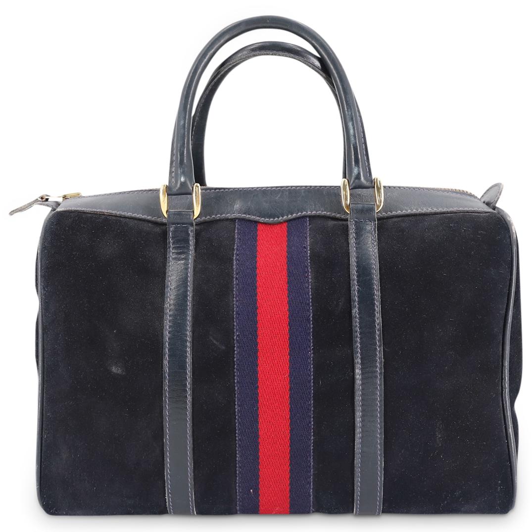Vintage Gucci Navy Blue Suede Leather Boston Satchel Handbag