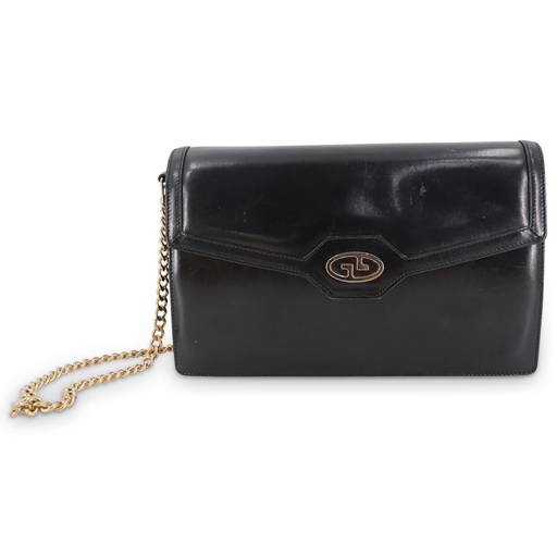 Vintage Gucci Black Leather Bag W/ Gold Chain Shoulder Strap (0200) on
