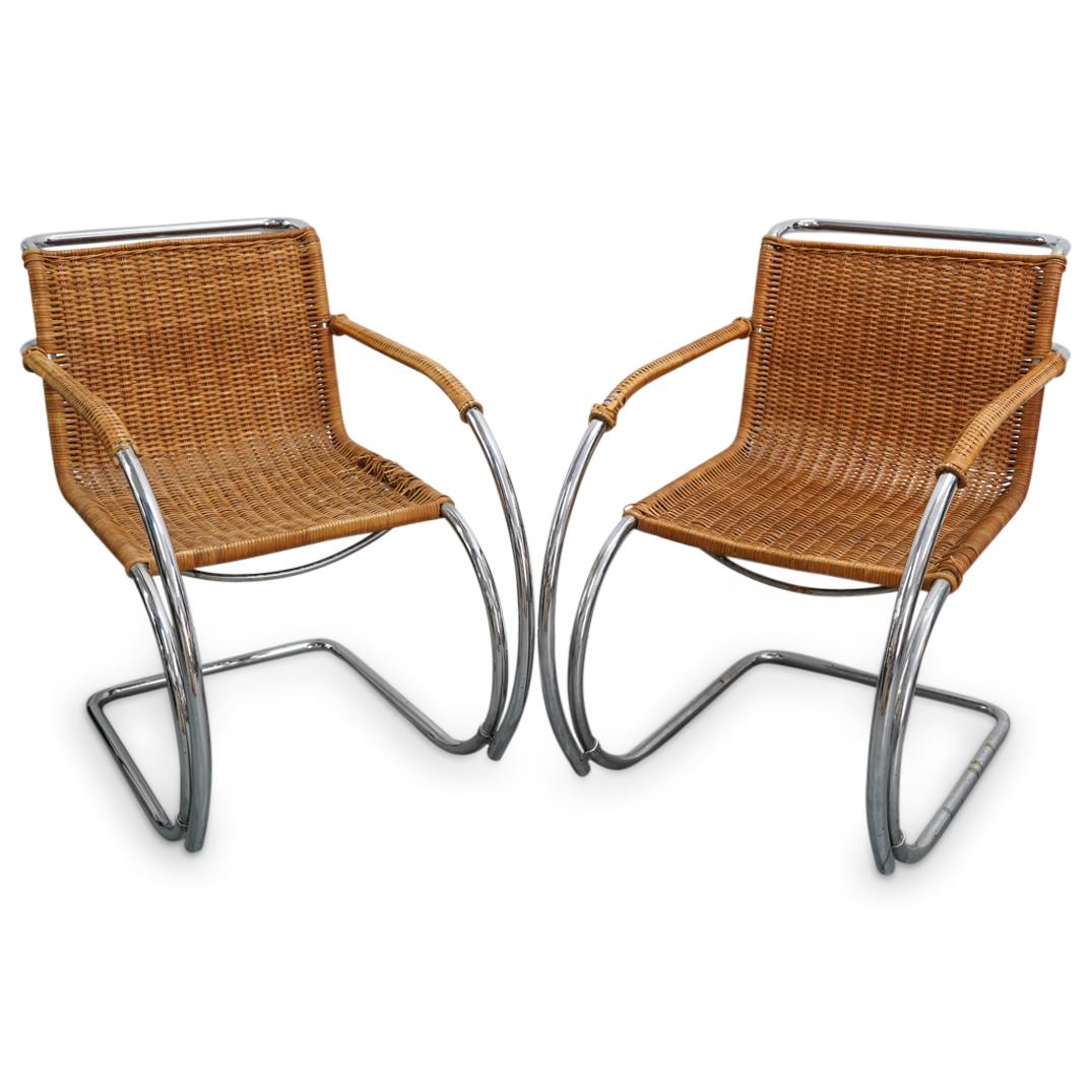 Pair of Mies van der Rohe Tubular & Wicker Arm Chairs (1 of 10)