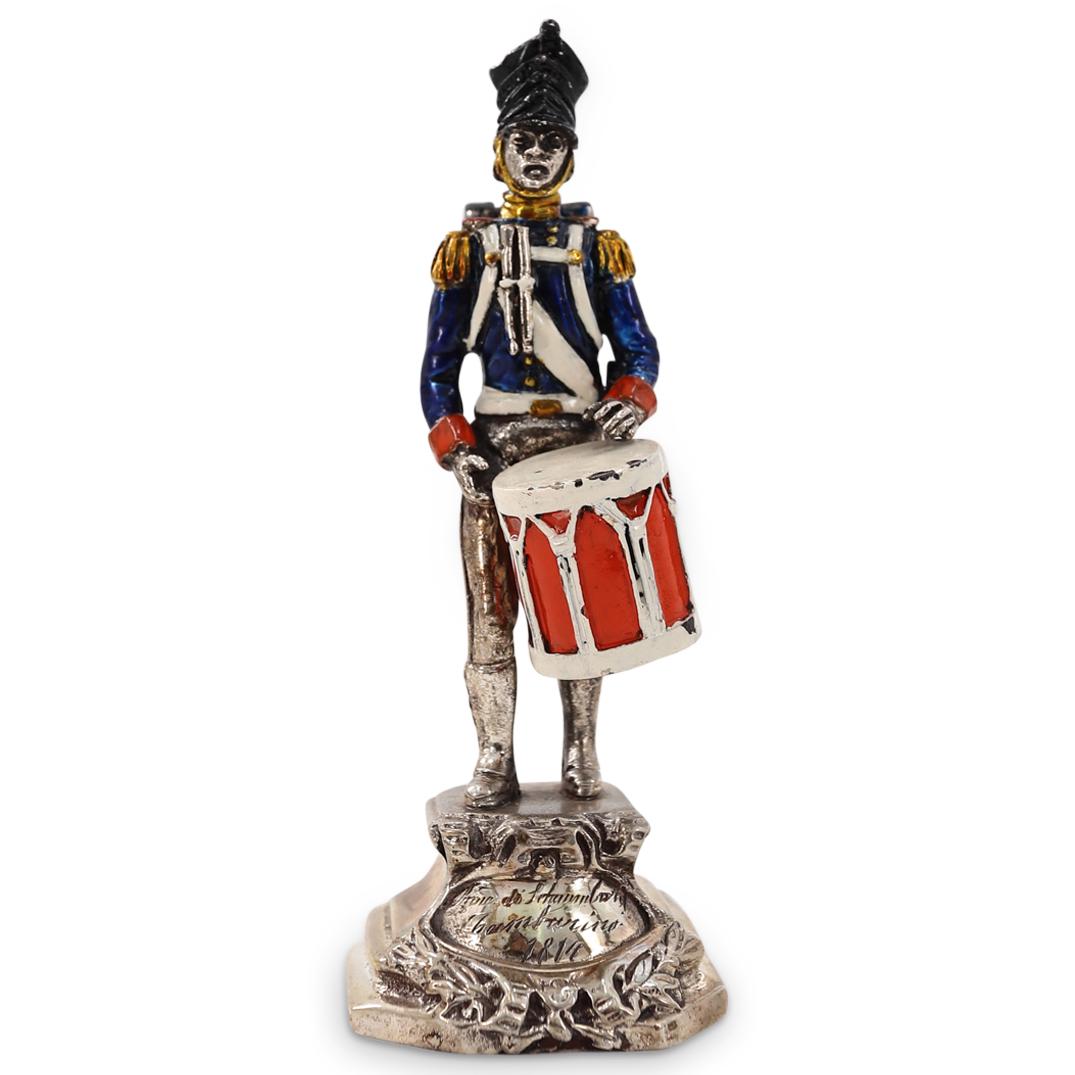 Italian 800 Silver & Enamel Military Figure: DESCRIPTION: Italian 800 silver and polychrome enamel soldier with drum, engraved inscription at base, hallmarked: "800, 23AL" (Swan) pictorial mark. CIRCA: 20th Century ORIGIN: Italy DIMENSIONS: H: 5