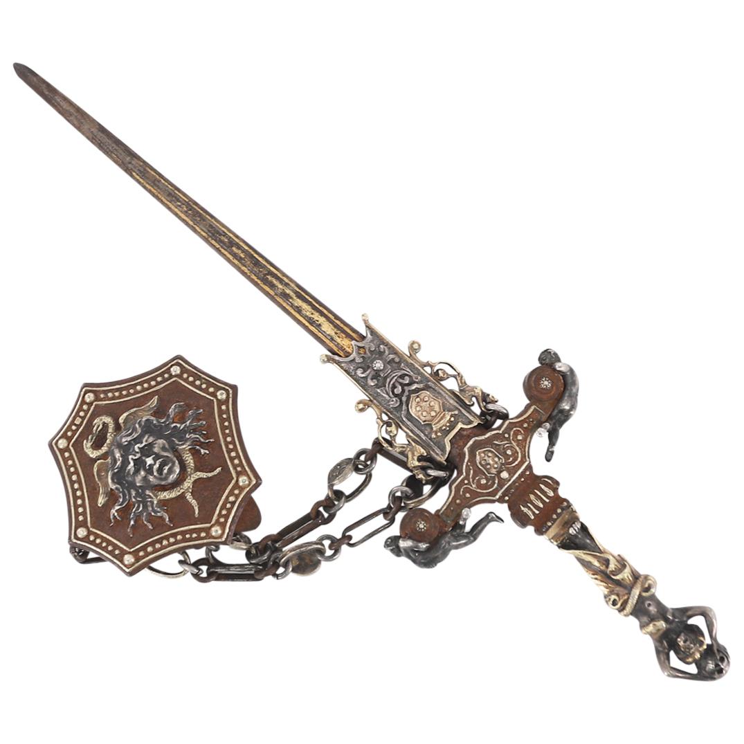 Antique French Gold & Silver Inlaid Romantic Dagger (1 of 7)